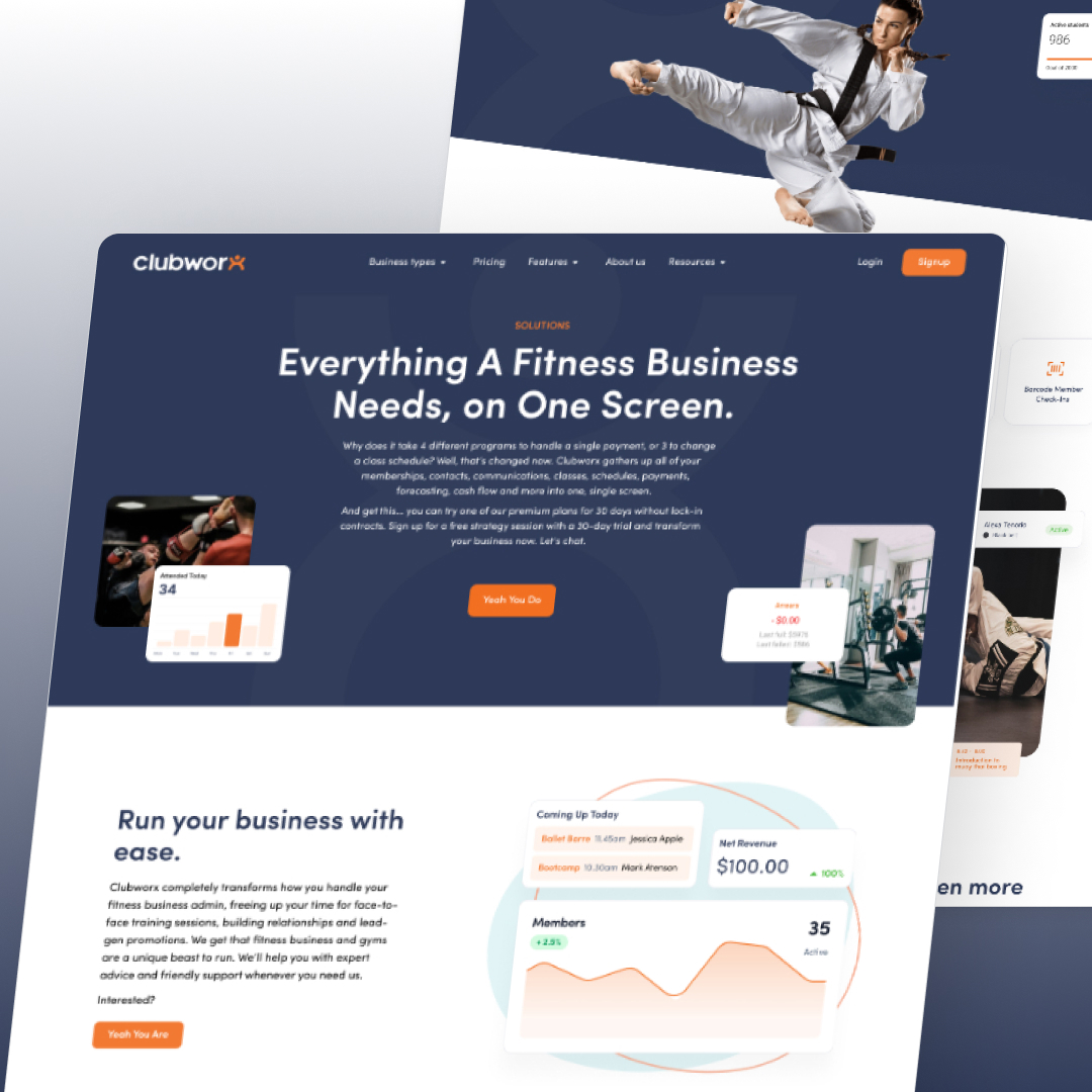 Full service 22 A webpage screenshot features two overlapping sections. The main section displays text about fitness business solutions, graphs, and a Watch the Demo button. A martial artist in a kick pose graces the top section, highlighting unlimited graphic design services. Logos and a signup button complete the scene.