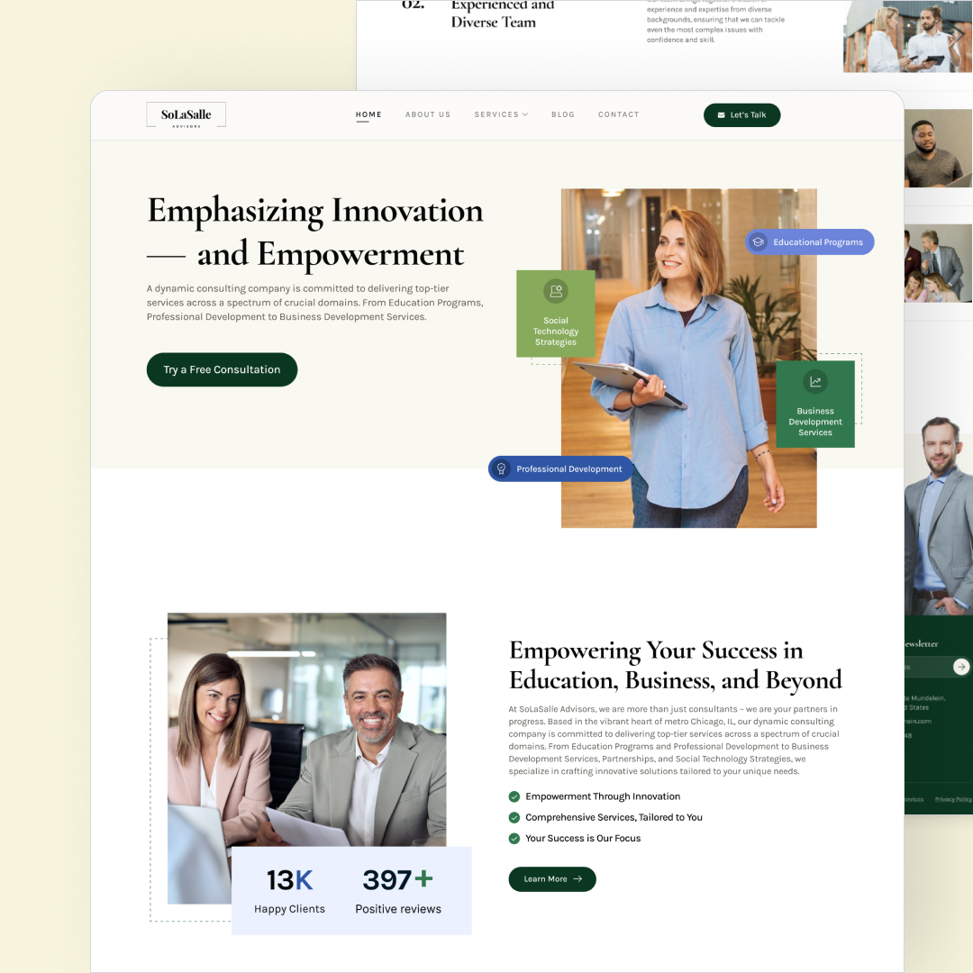 Full service 23 The screenshot of a consulting agencys website showcases a sleek design with the agencys logo and navigation menu. The main section, emphasizing innovation and empowerment, features a smiling individual. Impressive stats like 13K Happy Clients underscore their success in unlimited graphic design solutions.