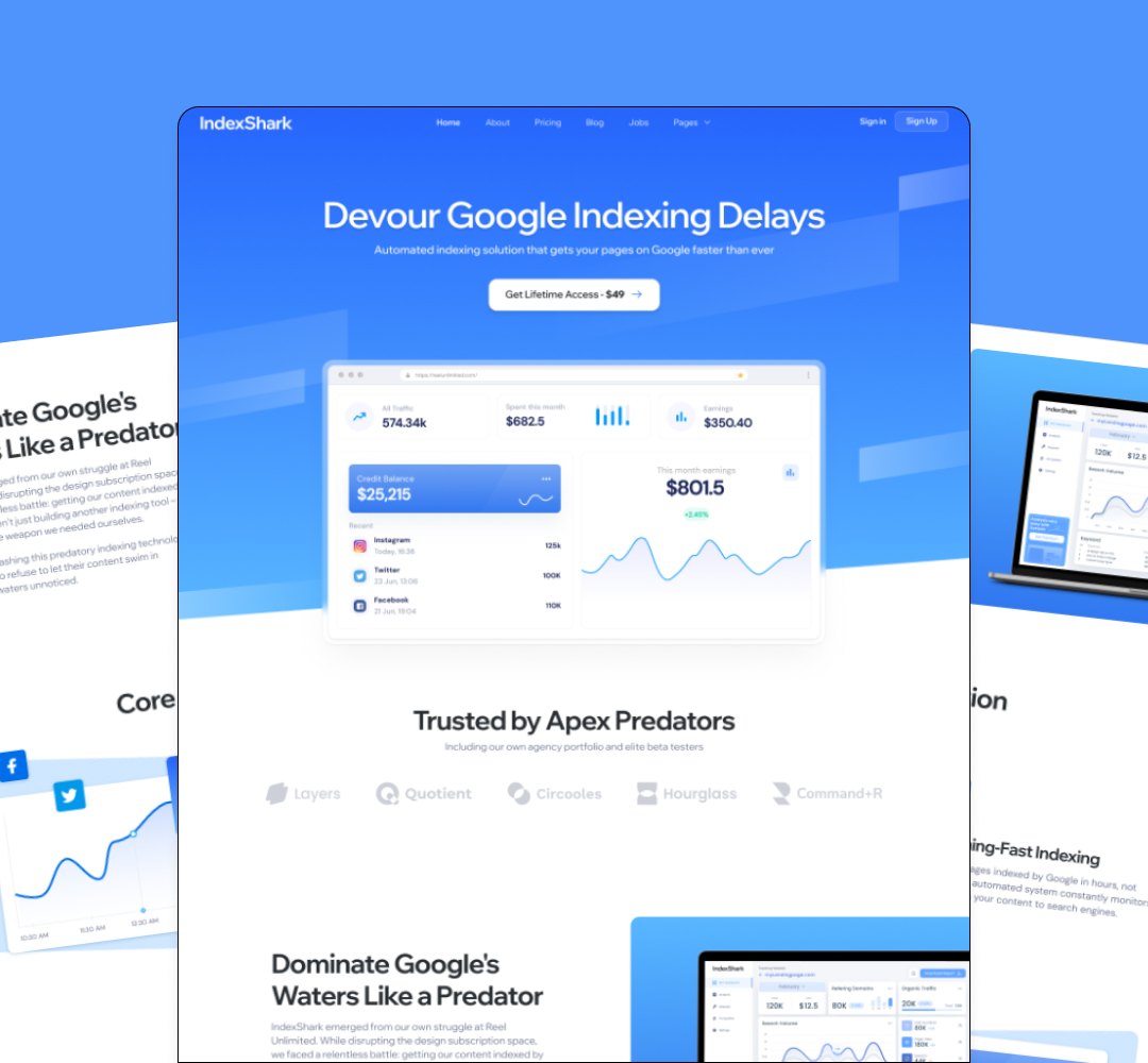 Full service 25 Screenshot of a webpage for IndexShark, featuring a blue gradient background. The main heading says Devour Google Indexing Delays. A graph and metrics are displayed, along with a call-to-action button offering lifetime access akin to an unlimited graphic design service.